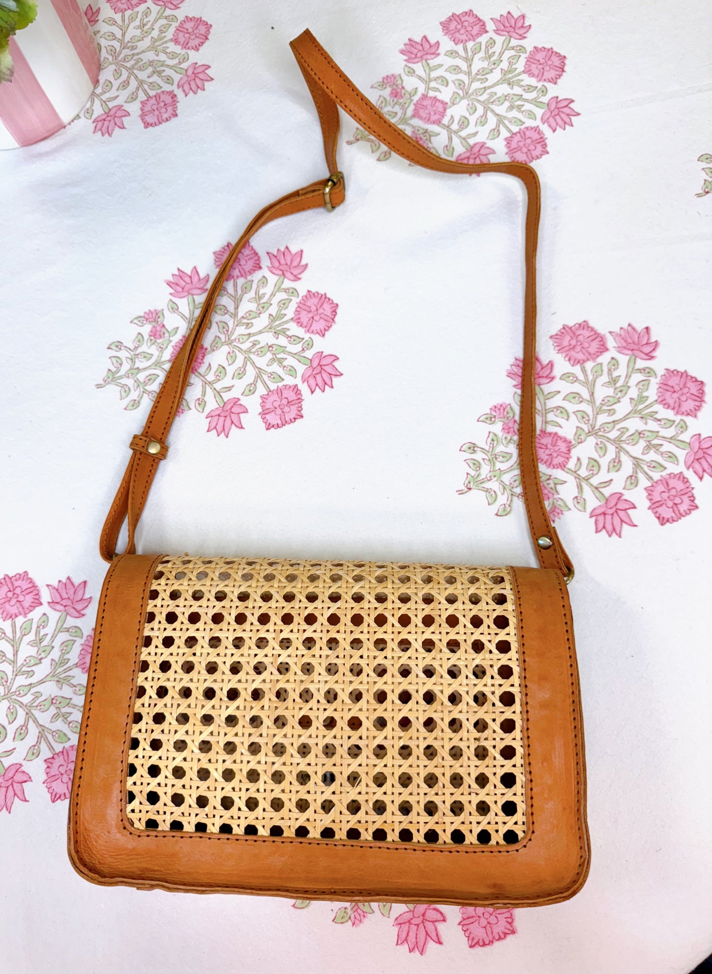 Cane Weave Convertible Bag with Leather Trim