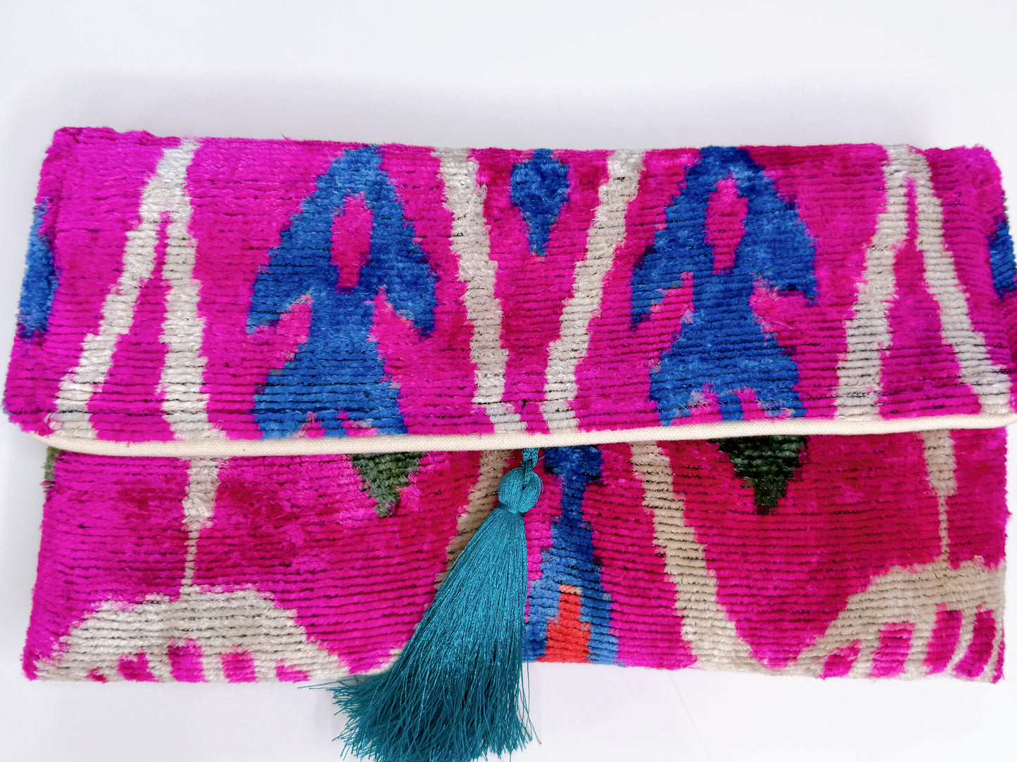 ikat silk clutch - pink blue