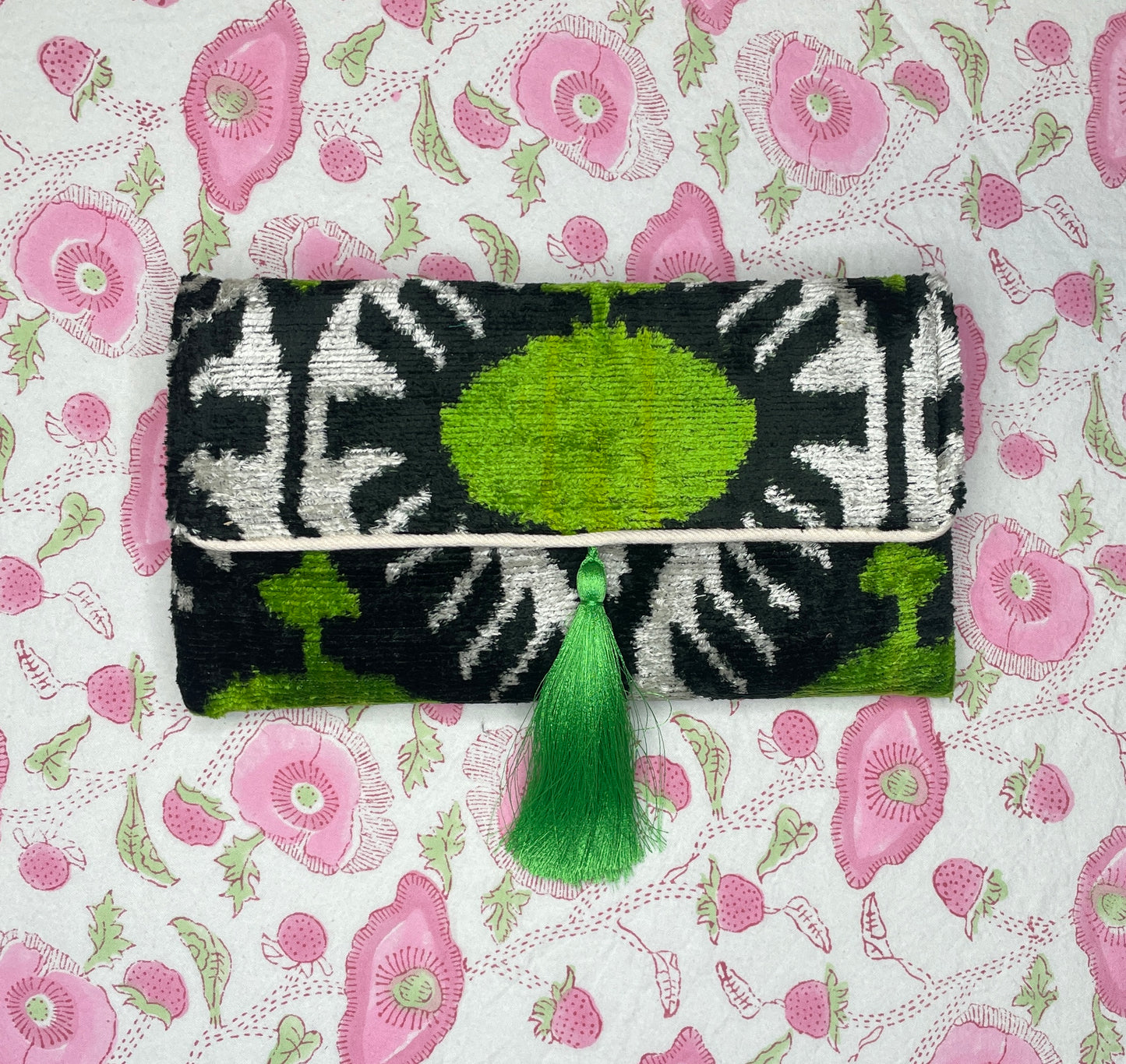 Ikat Clutch - Green Pom