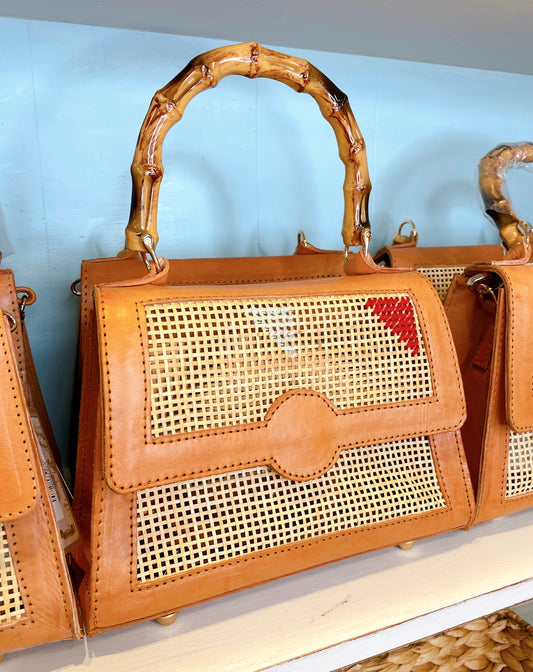 Rattan Cane Weave Handbag with Bamboo Handles