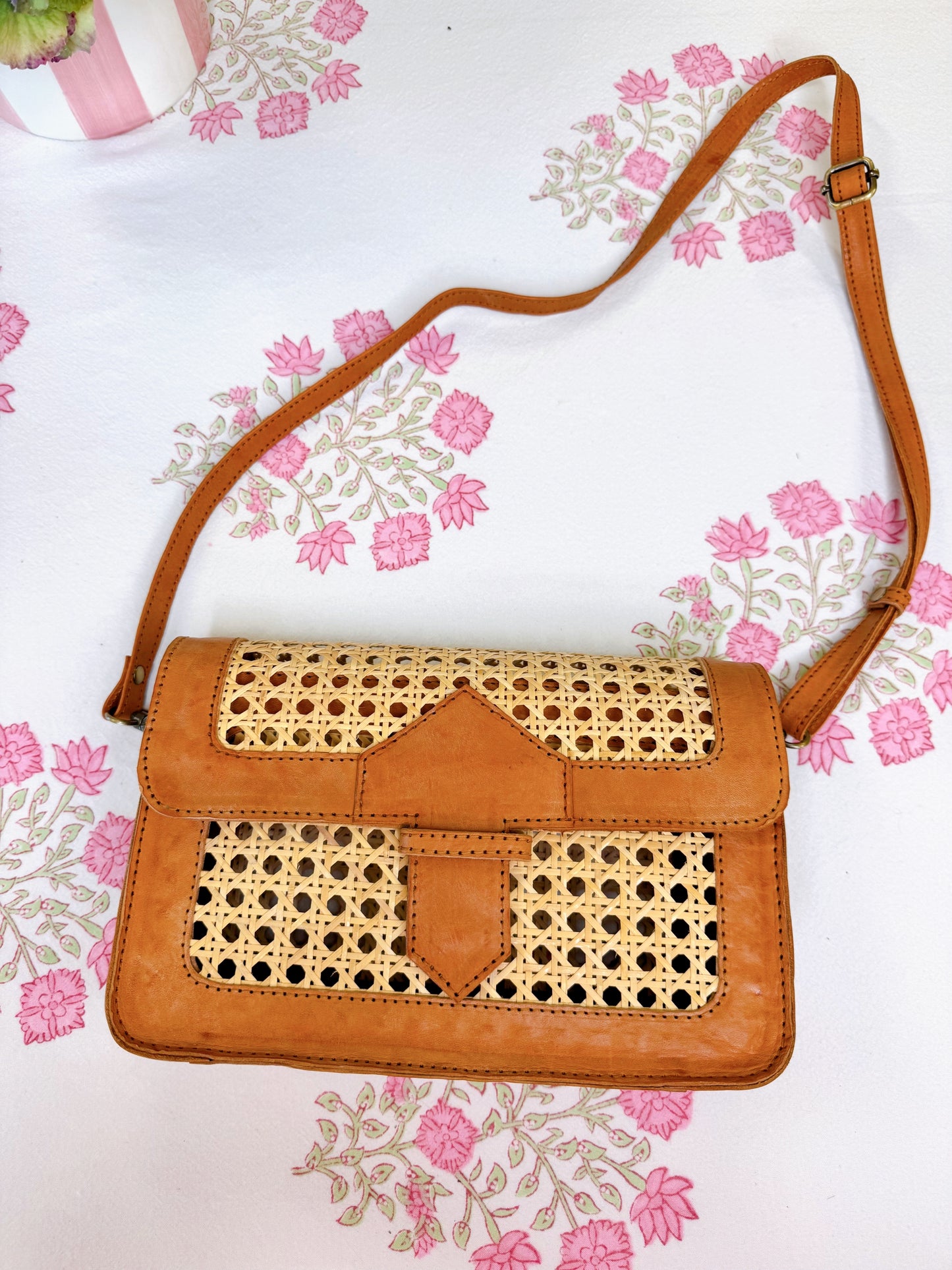 Cane Weave Convertible Bag with Leather Trim