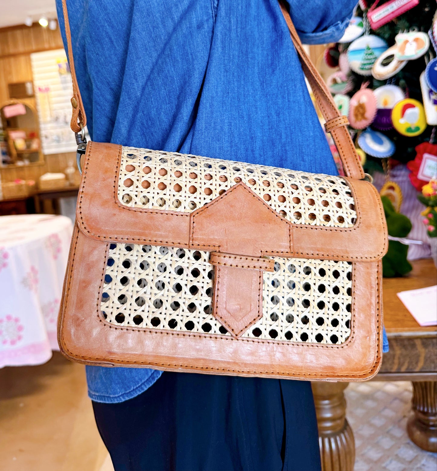 Cane Weave Convertible Bag with Leather Trim